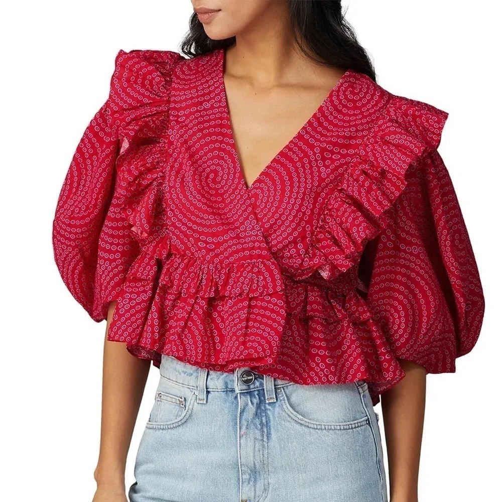Rhode Voluminous Puff Sleeve Ruffled Retro Print Elodie Top In Red Trail - Picture 8 of 8
